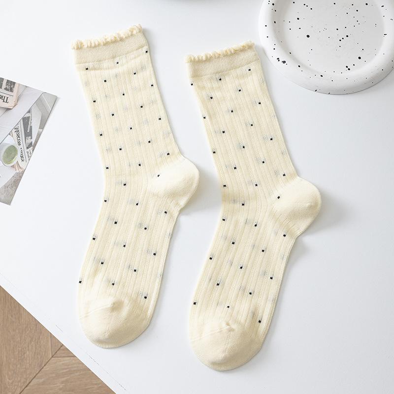 Female Summer Thin Style Pure Cotton Lace Mesh Breathable All Match Solid Color Vertical Bar Boneless Tube Socks