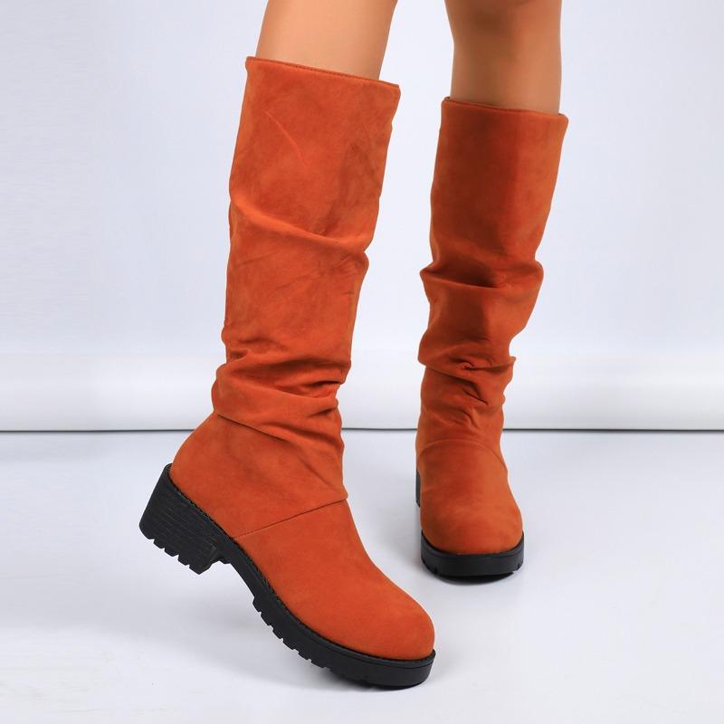 Fashion Women's Fashion Thick Heel Single Boots Winter New Round Head Suede Sleeve Fold Anti-slip Wear-resistant High Boots