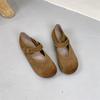 Johnature Retro Yumuşak İnek Derisi Tokalı Sığ Babetler Çok Yönlü Yuvarlak Burunlu Yumuşak Tabanlı Kadın Ayakkabıları