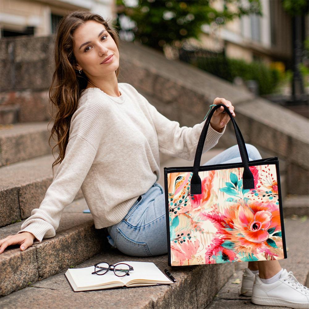 Floral Print Tote Bag Large Capacity Casual Shoulder Bag for Daily Shopping Travel Lightweight Handbag