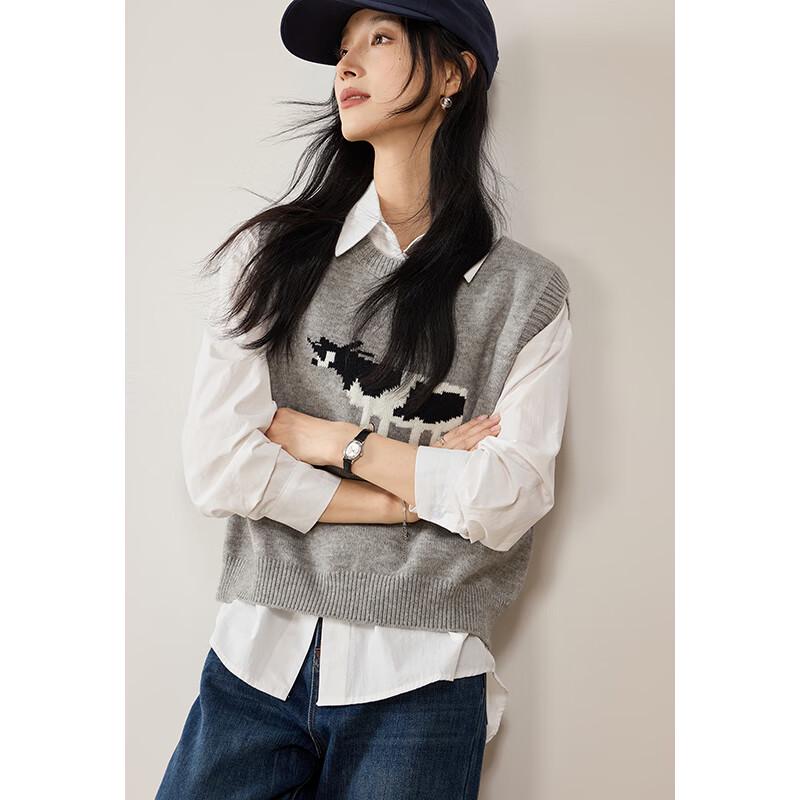 VICTORIA&VERA Women's Cartoon Cow Jacquard Vest