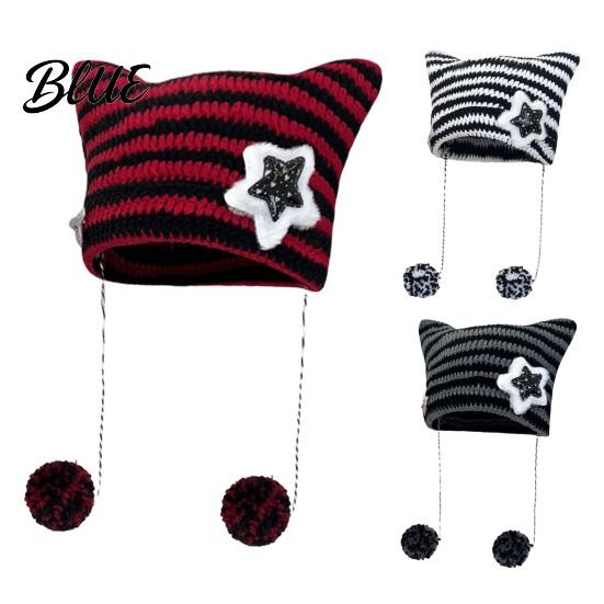 Striped Design Winter Knitted Knitting Ear Hat Style Cat Beanie Japanese Star Print Autumn Plush