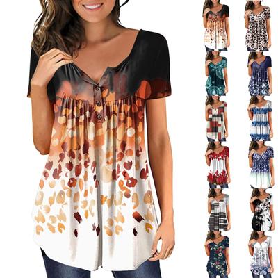 Damen Kurzarm-Tunika, lockere Oberteile, lässig, Übergröße, Oberteile, plissierte Tunika, Knopfleiste, lässig, Sommer, Frühling, T-Shirts, Oberteile für Damen