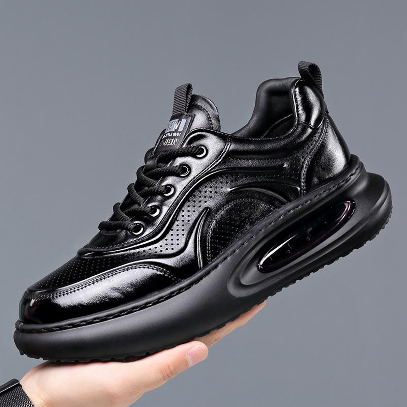 

Модные летние кроссовки из натуральной кожи с перфорацией, белые, для мужчин, модная повседневная обувь на платформе с воздушной подушкой, дизайнерская обувь на шнуровке, мужская 38 чёрный