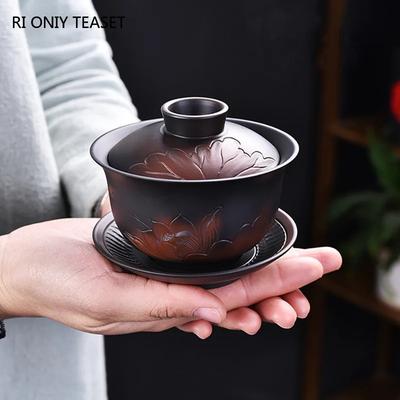 Vintage Purple Pottery Gaiwan Pot Bearing Chinese Handmade Tea Bowl Teacup Beauty Tea Infuser Household Travel Personal Teaware