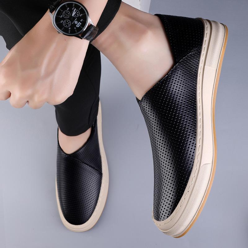 

Мужская обувь 2025 лето новый модный тренд мужская кожаная поверхность перфорированная дышащая дезодорирующая ноги толстая подошва увеличивающая рост повседневная обувь 38