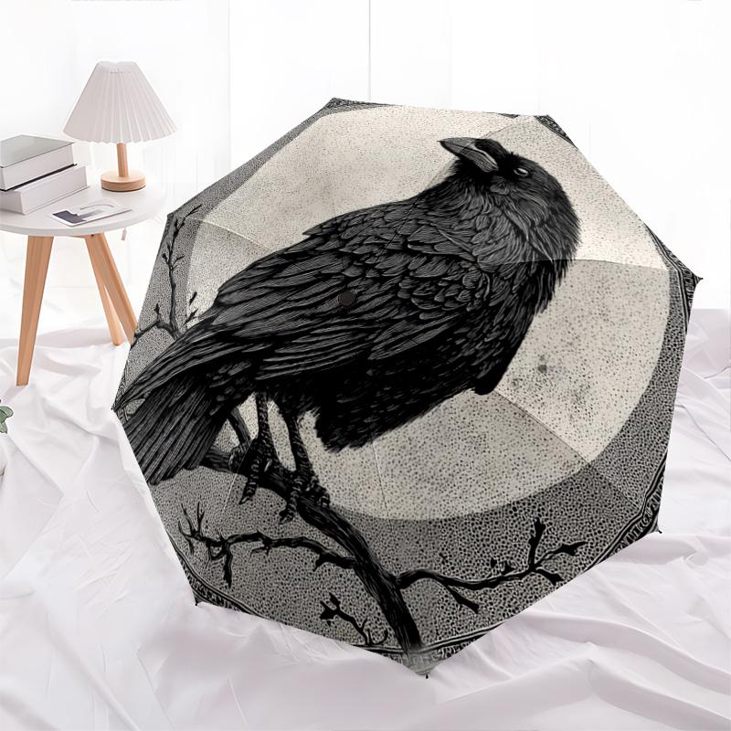 1 PC Automatic Folding Umbrella - Raven Pattern, Portable & Foldable Design with 8 Ribs, Christmas Birthday Gifts