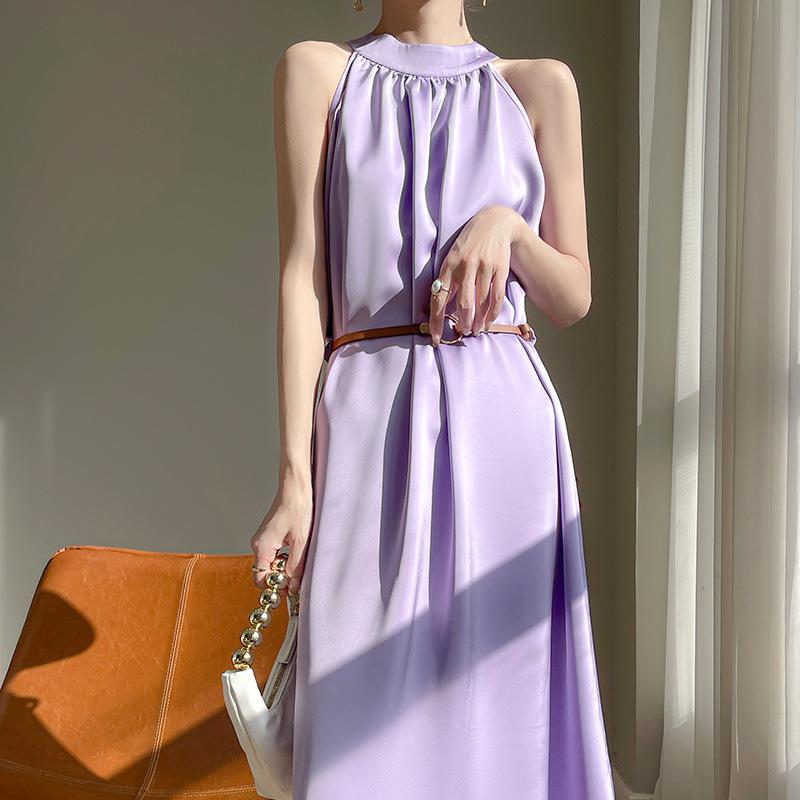 2024 Summer Women's French Retro Acetate Satin Halter Neck Sleeveless Dress