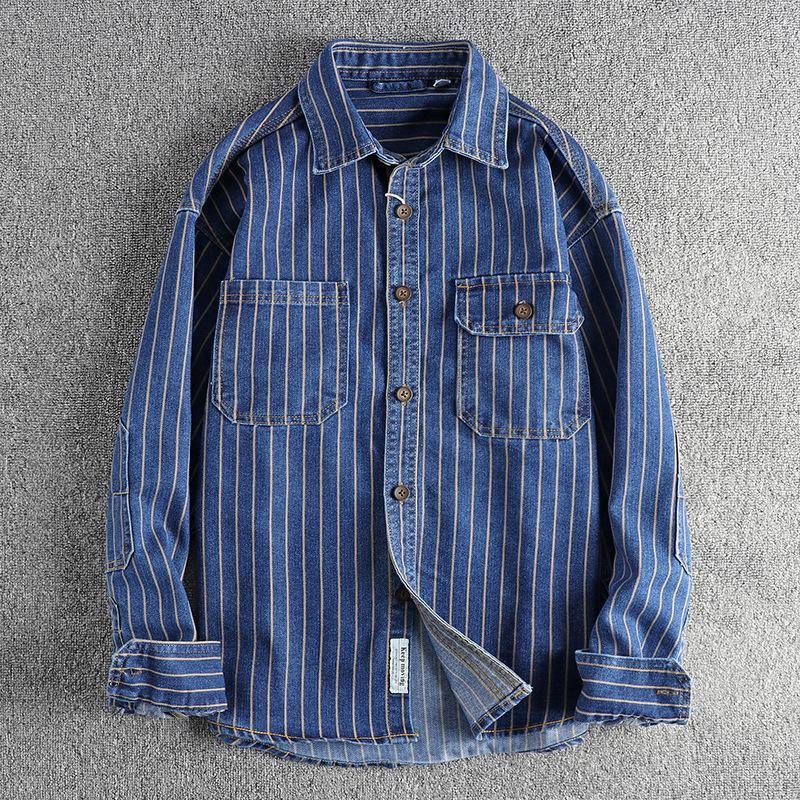 Men's Spring/Fall Striped Lightweight Denim Shirt Youthful Simple Commuter Jacket