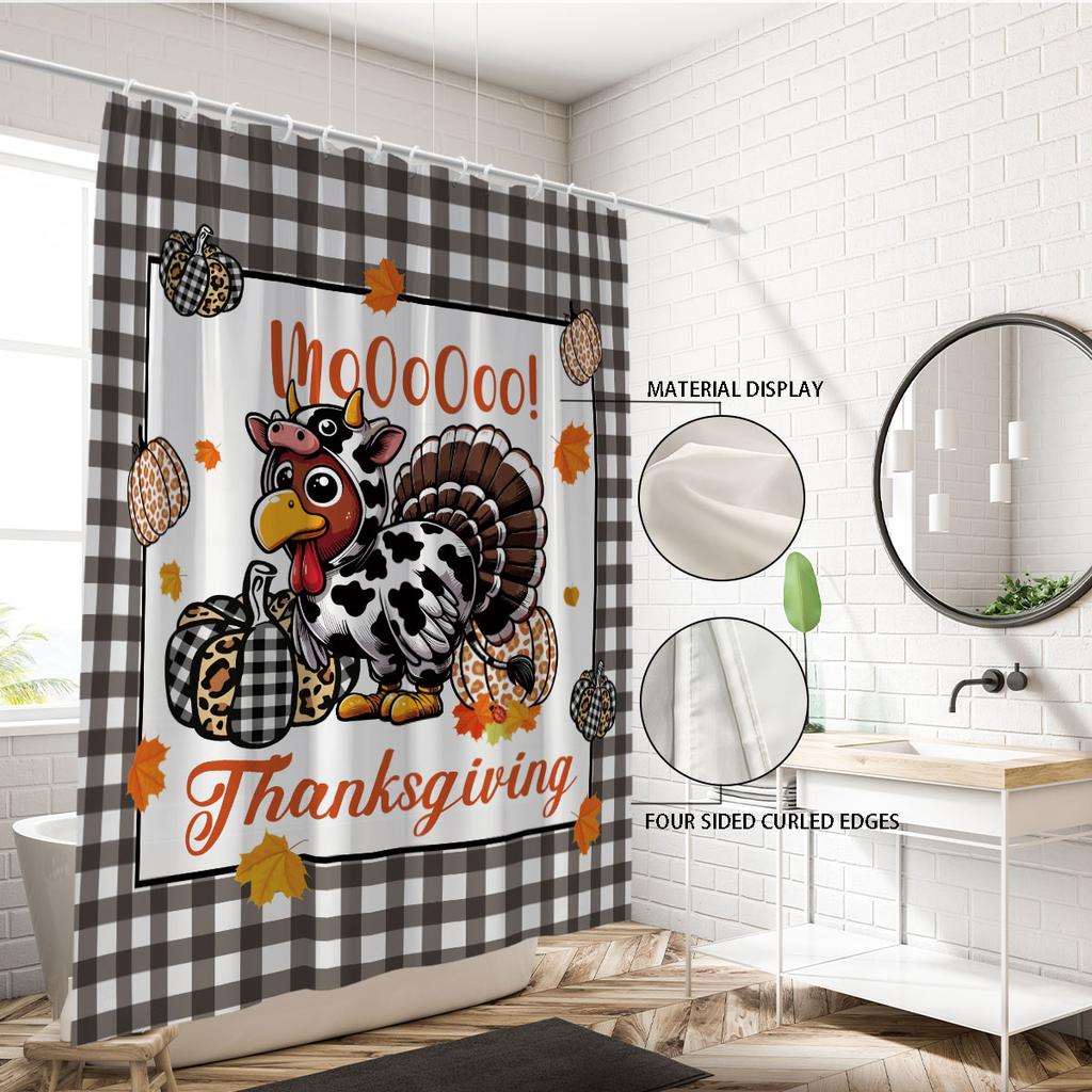 1Pc Thanksgiving Turkey Print Waterproof Shower Curtain, Bathroom Partition Privacy, Multiple Sizes, 12 Hooks, Easy To Install