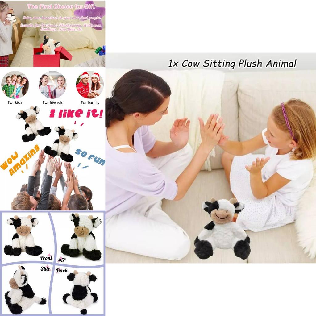 Adorable Smiling Black And White Cow Plush Toy Soft Stuffed Animal Doll Gift
