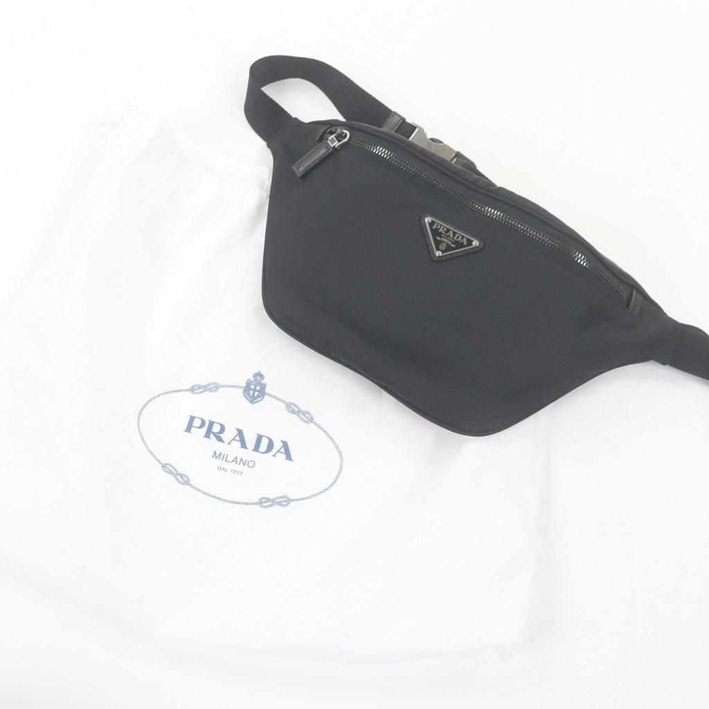 Great PRADA Sling bag Triangle logo Re-Nylon black Safiano leather mens 2VL033 Used