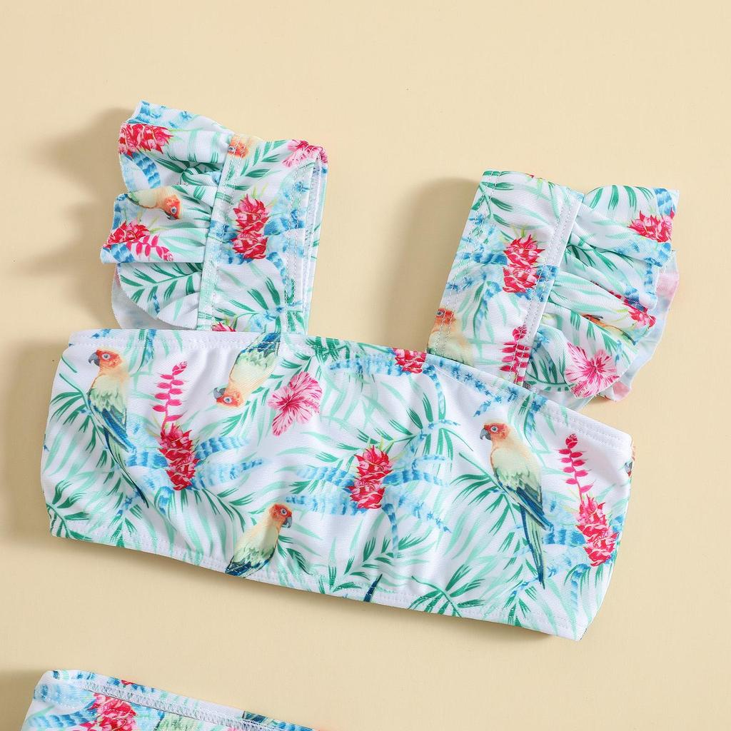Girls' Fresh Floral Two-Piece Bikini Set with High Elasticity