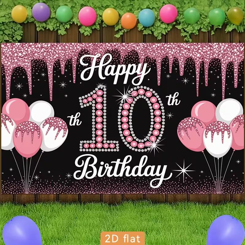 

2D 10th Birthday Backdrop, Pink Sparkle Drip with Balloons Photography Background 47.2x31.5inch/120*80cm