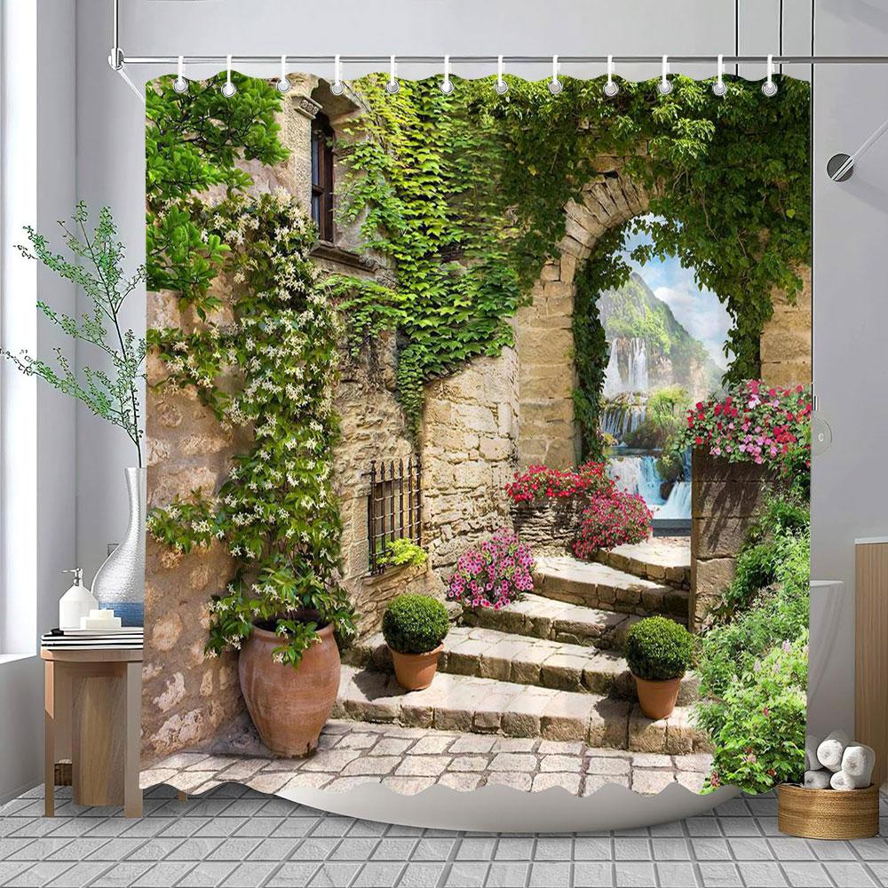 

Full of Flowers European Window Wall Shower Curtain Natural Scenery Outdoor Garden Poster Polyester Bath Curtains Bathroom Decor 120x180cm-47x70in