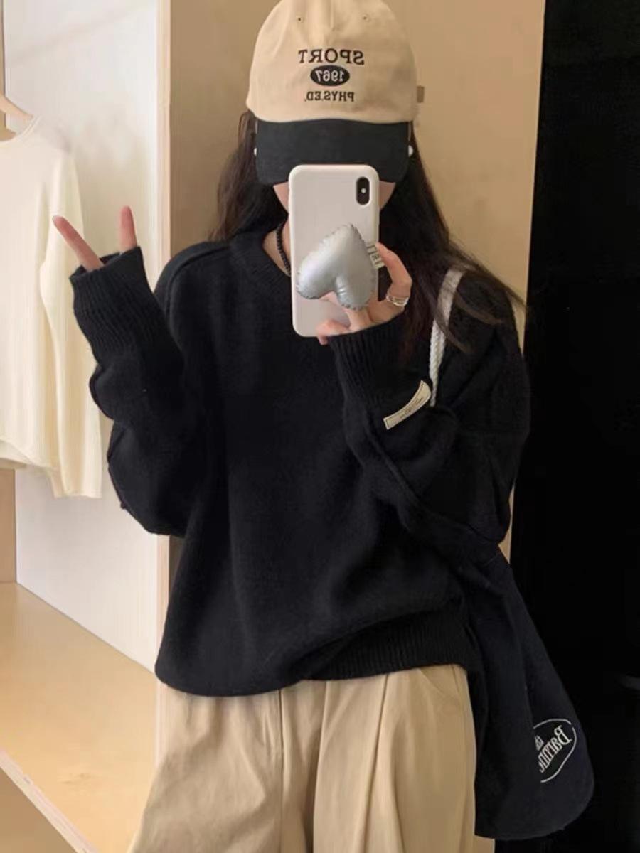 

Дизайн пуловер вязаный свитер топ осень и зима новый ленивый стиль свободный универсальный мягкий восковой свитер женский чёрный