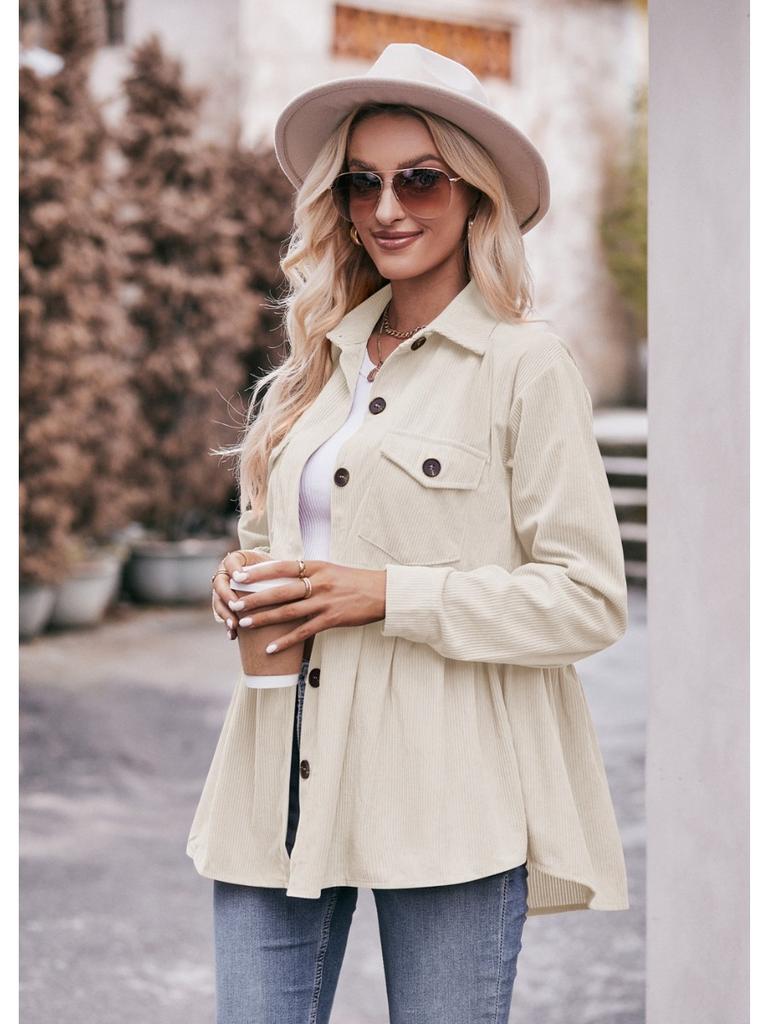 Women's 2024 Corduroy Shirt Long Sleeve Lapel Single-Breasted Thermal Blouse with Pockets, Autumn Winter Warm Stretchy Tunic Top for Casual & Office