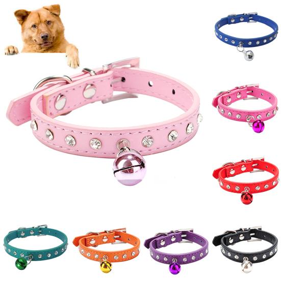 Adjustable Pet Dog Crystal Rhinestone Bell Collar Soft Faux Leather Neck Strap