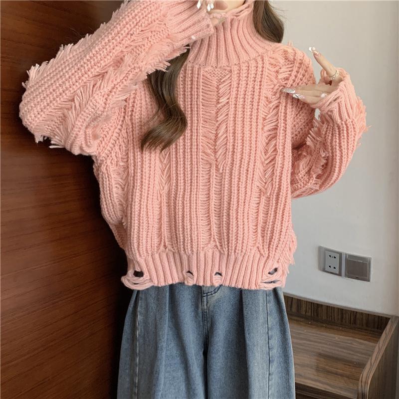European Autumn/Winter Tassel Ripped High Neck Knit Sweater for Women