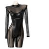 European and American Cosplay Party Women's Clothing Nightclub Models, Splicing Mesh See-through Long-sleeved Sexy Tight Black Onesie