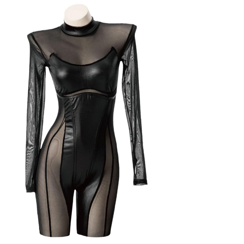 European and American Cosplay Party Women's Clothing Nightclub Models, Splicing Mesh See-through Long-sleeved Sexy Tight Black Onesie