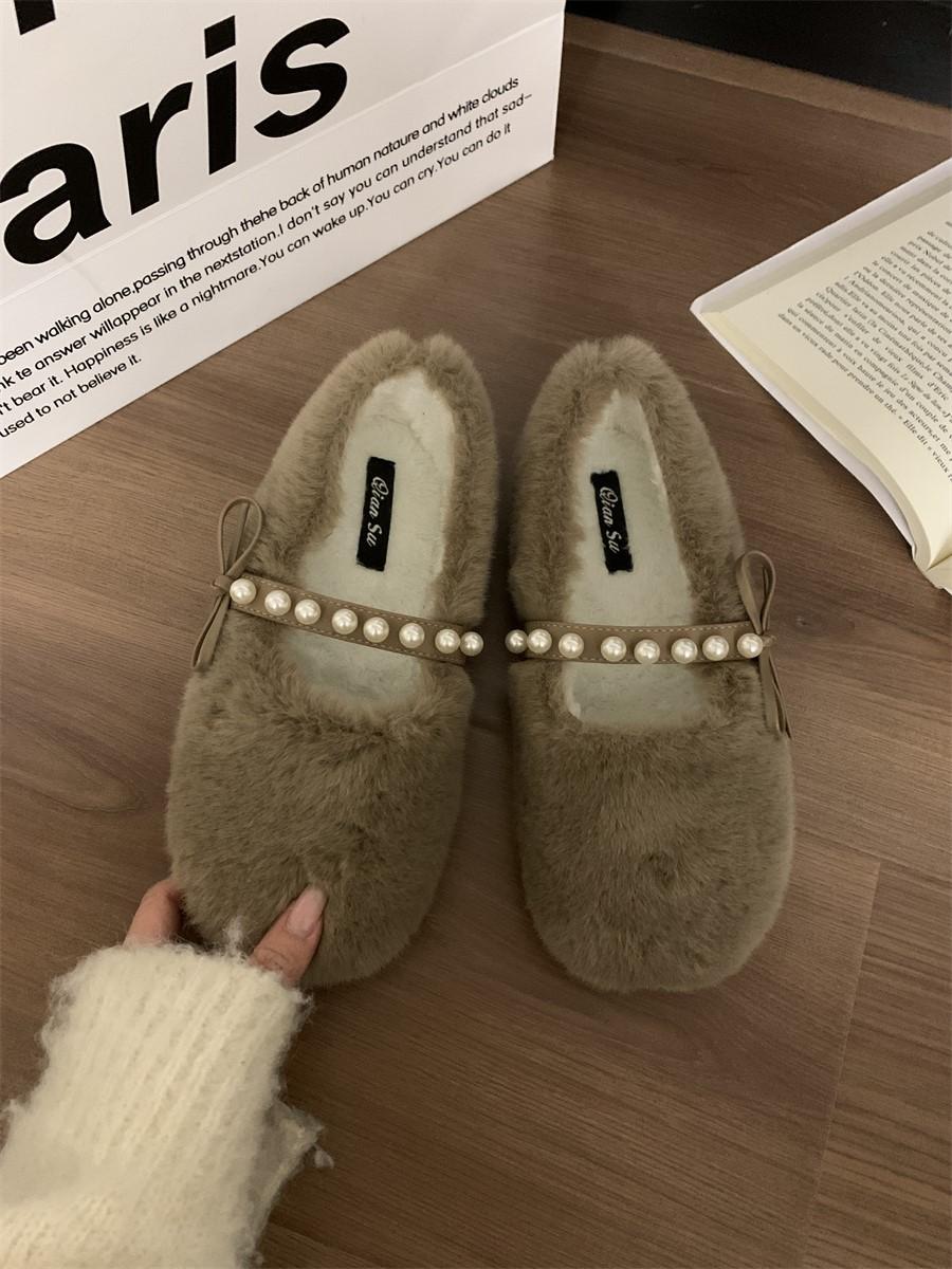 

Модные женские шерстяные туфли Cross Fluffy Casual Concise Теплые короткие плюшевые балетки 2024 Модные аксессуары Diamond Pearl Lazy Shoes Winter 40 хаки