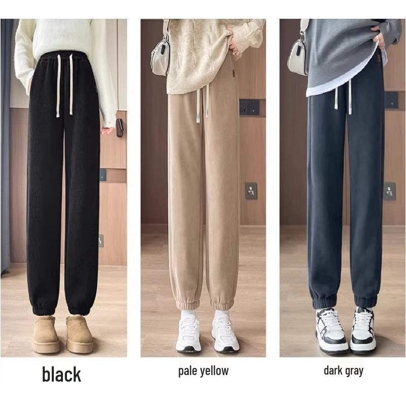 Fleece-Lined Lambswool Cuffed Sports Pants - 2026 Autumn/Winter Warm Windproof Slim Fit Cotton Pants