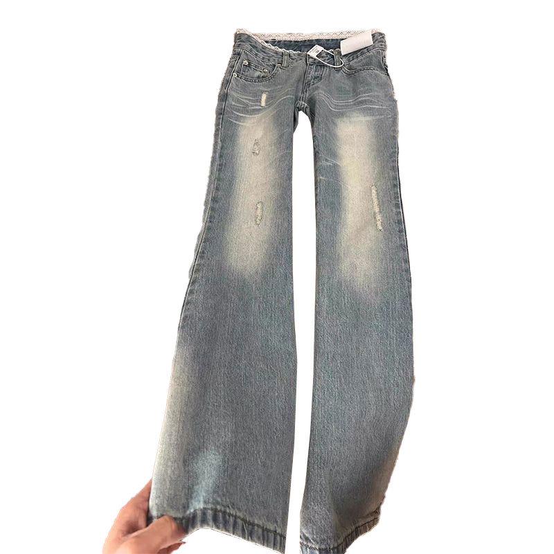 Damen Schlagjeans in Übergröße mit Spitzenbesatz – Sommerstil, Weiter Bein, Zerrissen, Bodenlang.