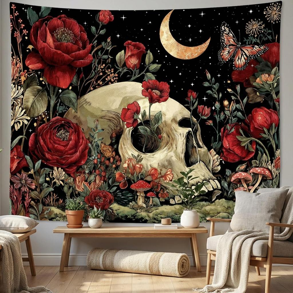 Mystic Celestial Moth Tapestry, Sun Moon Phase Floral Mushroom Print Large Wall Hanging for Bedroom Living Room Aesthetic Decor