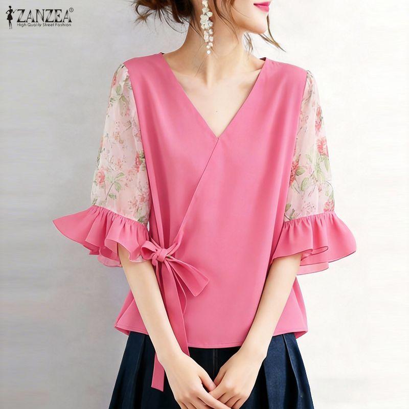ZANZEA Women Casual V-Neck Loose Splice Half Sleeve Blouse