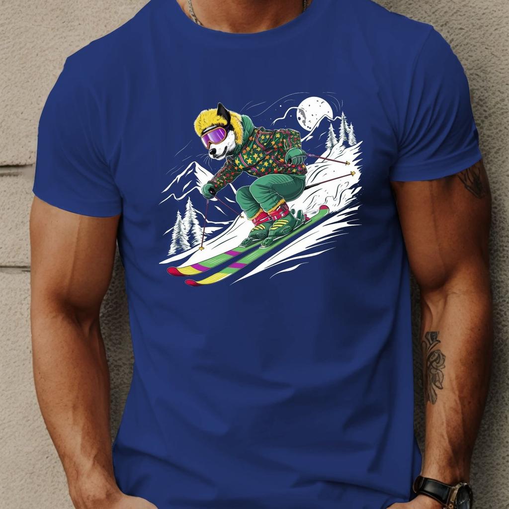 Cool Fox Skiing Graphic Tee Mens Casual Crew Neck Short Sleeve T Shirt Breathable Summer Top