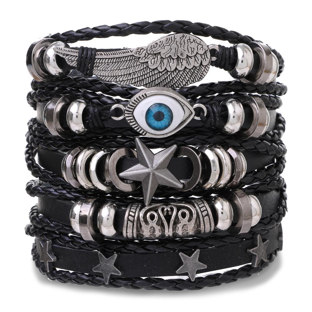European & American Handmade Braided Leather Bracelet Set: Men's Hip Hop Punk Vintage Multi-layer Jewelry