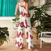Women's heart,shaped printed casual loose retro overalls cotton and linen one,piece pants