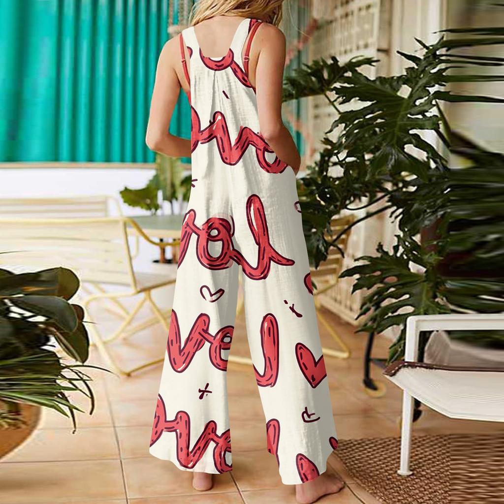 Women's heart,shaped printed casual loose retro overalls cotton and linen one,piece pants