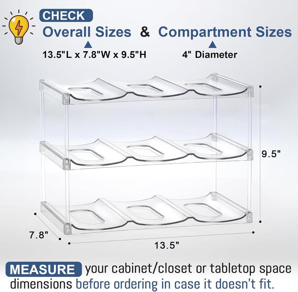 3 Tier Stackable Water Bottle Organizer Holder Clear Cup Tumbler Rack for Cabinet Countertop Fridge Pantry Holds 9