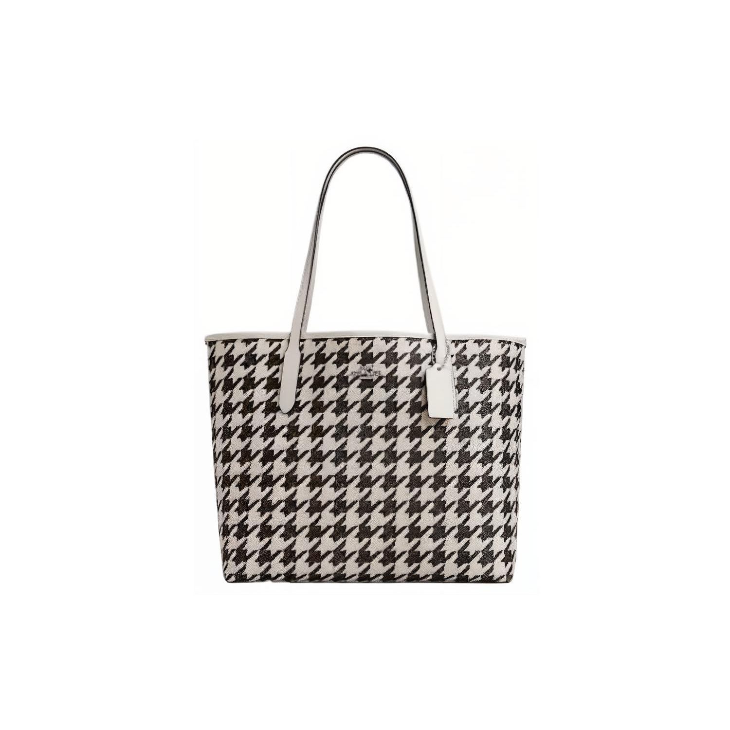 

Coach City 33 Silver Logo Houndstooth Print Snap Coated Canvas And Leather Tote Bag Women tote bag Yellow Black CJ626-SVVRW Basic Set (Bag+Dust Bag)