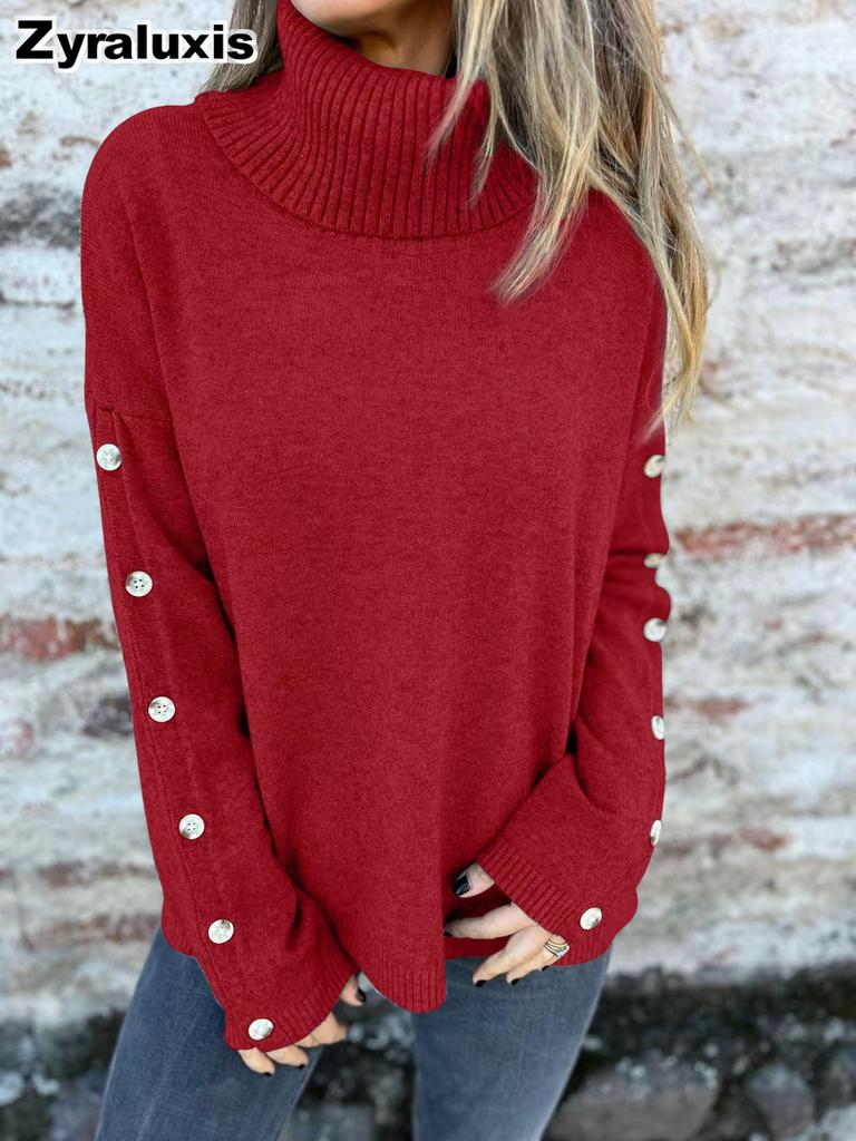 Autumn Winter New Women's Sweater Casual High Neck Button Knit Pullover for Women