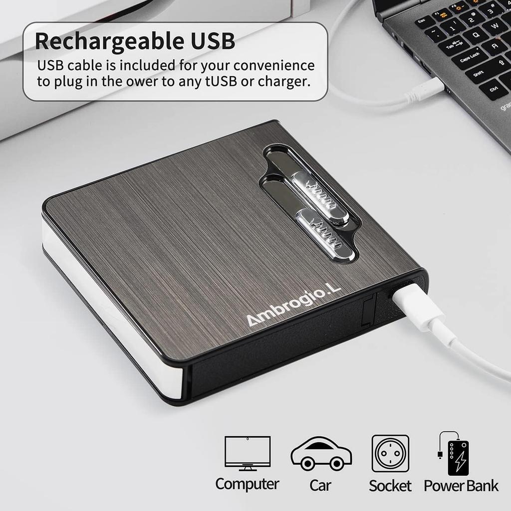 Full Pack 20 Regular Cigarettes Case Box Automatic Ejection Holder with Dual Arc Lighter USB Rechargeable, Flameless, Windproof,Moisture-Proof,Black