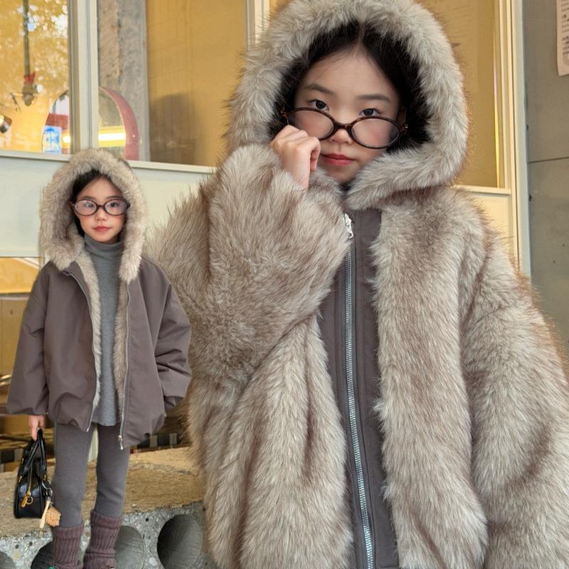 Winter new women's middle-aged and older children wear fluffy coats on both sides, girls' imitation fur hooded warm coat