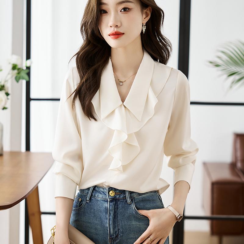 Damen Blusen Hemden 2025 Frühling Langarm Damen Bluse Hemd Umlegekragen Rüschen Chiffon Bluse Hemd Damen Oberteile J830