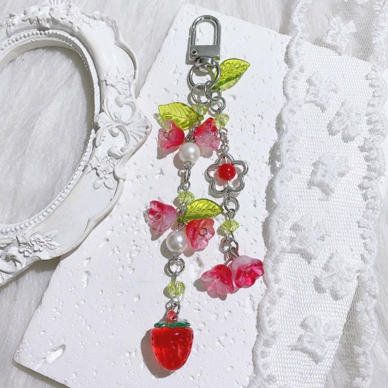 Cute Strawberry Flower Accessory Keychain Multi Purpose Decoration Vintage Acrylic Keyring Accessory For Personal Items