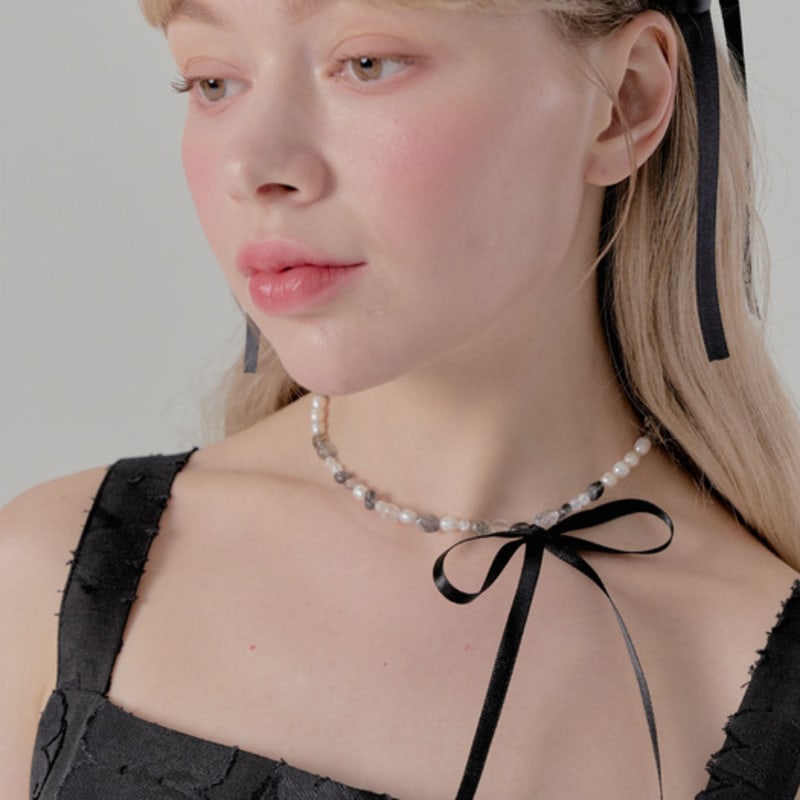 

freeang Tourmalianated Quartz Biz Necklace Ribbon O