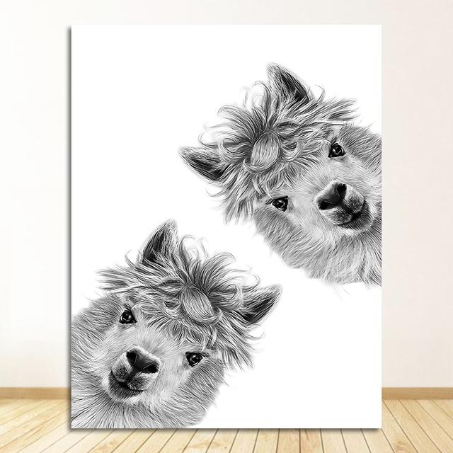 

Милые любопытные ламы, детские принты, скандинавская детская декоративная картина, картина для декора детской комнаты, черный, белый цвет, холст с животными, постер 21cm×30cm NoFrame