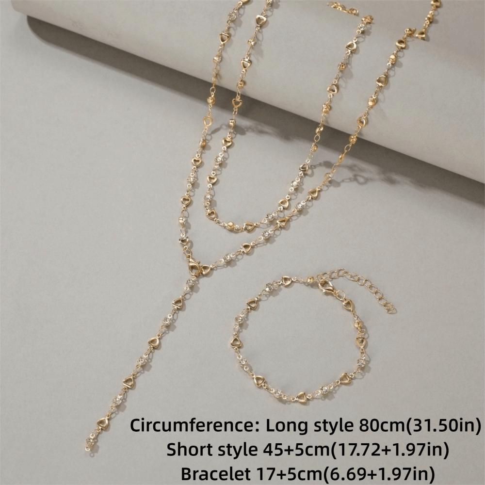 Bohemian Gold/Silver Y-Shaped Necklace Hollow Heart Crystal Zircon Clavicle Chain Double Layered Metal Long Chain
