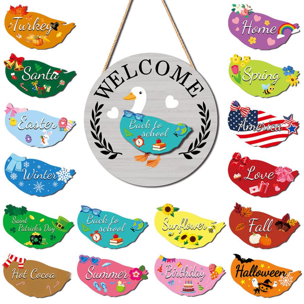 Interchangeable Wooden Ornaments, Holiday And Seasonal Decorations, With Magnetic Parts, Replaceable Welcome Signs, Suitable For The Home.