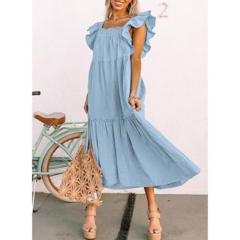 Summer Women's Dress Square Neck Short Sleeve Strapless Pleated Hem Dresses