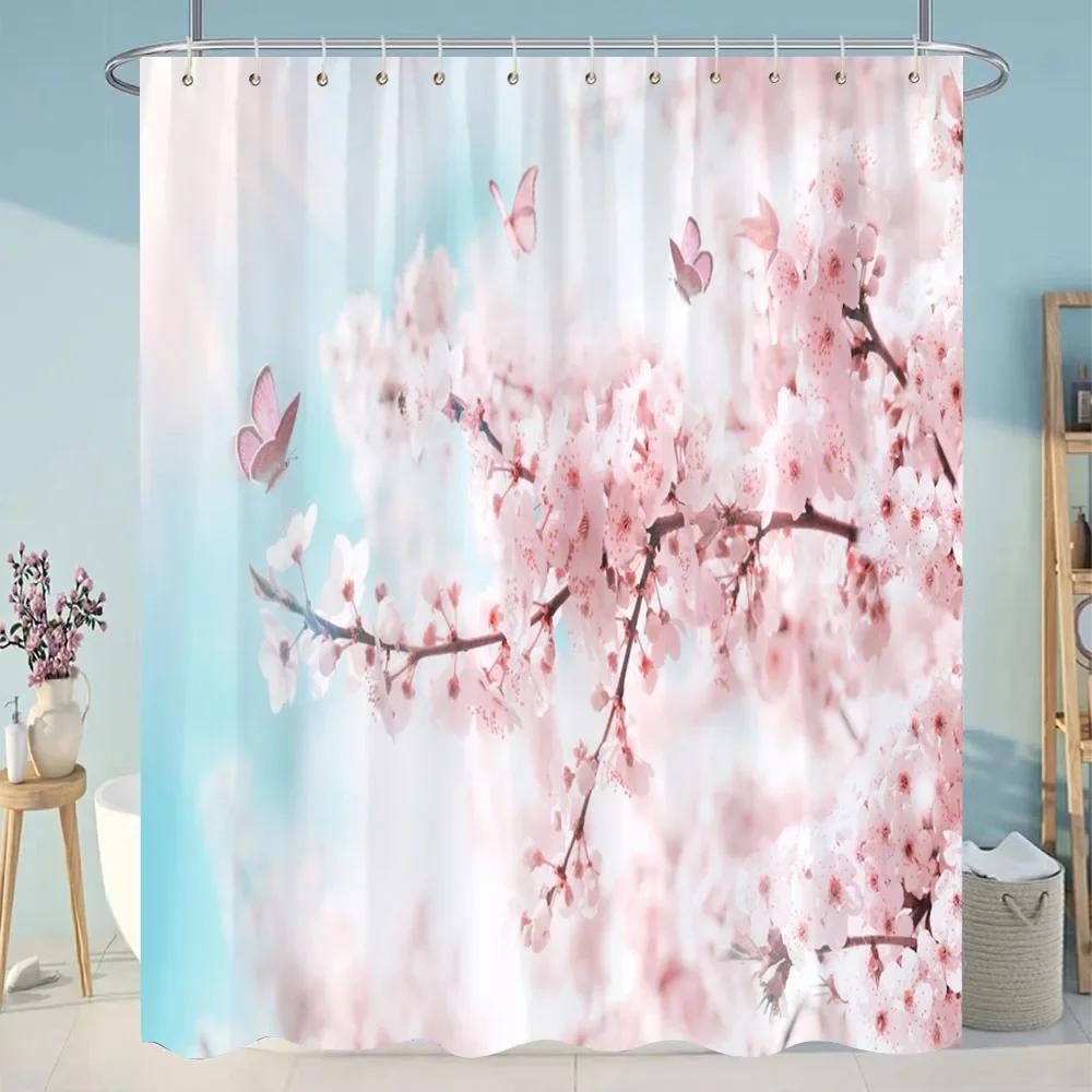 Beautiful Plant Flower Shower Curtain Eucalyptus Leaf Cherry Blossom Scenery Cat Butterfly Polyester Bath Curtain Bathroom Decor