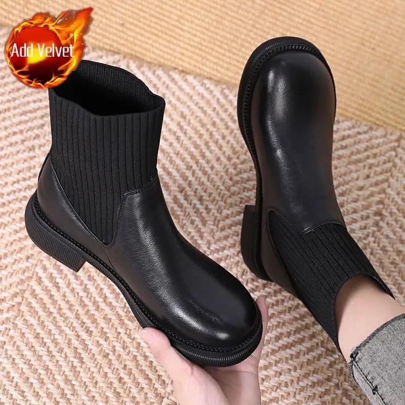 

Ботинки женские меховые ботильоны эластичные носки короткие туфли для женщин коричневые туфли с круглым носком новинка осени горячая распродажа рок готика pu 38