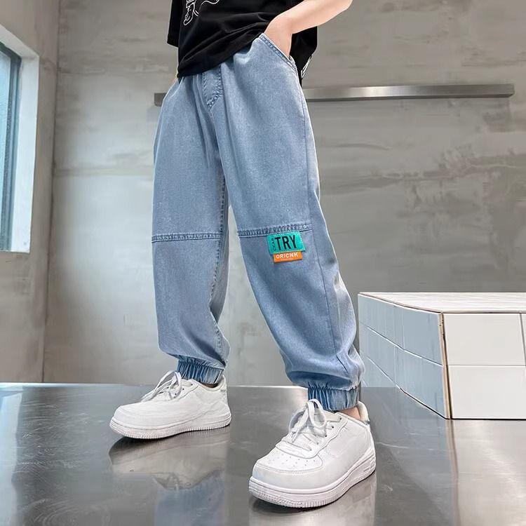 

Летние брюки для мальчиков Тонкая летняя одежда Брюки от комаров Детские джинсы из тенселя Повседневный тренд 160