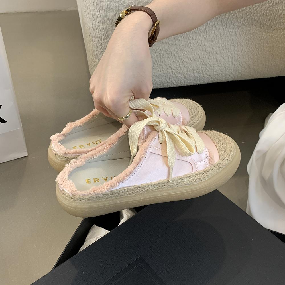 Fashion Fisherman Shoes Canvas Baotou Half Slippers Women's Summer Outside Wear 2025 Lacing Senior Sense Thick Bottom Muffin Bottom Lazy